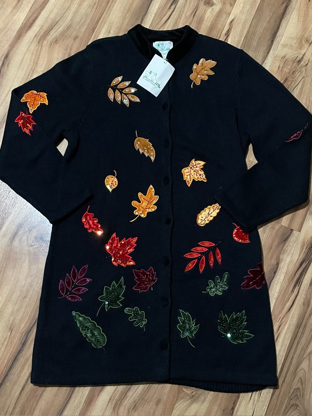 NWT Quacker Factory Fall Foliage Cardigan Sweater Sequin Leaves Embroidered M